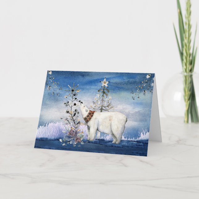 Cartão De Festividades Urso Polar Festivo e Frutas do Inverno (Frente)