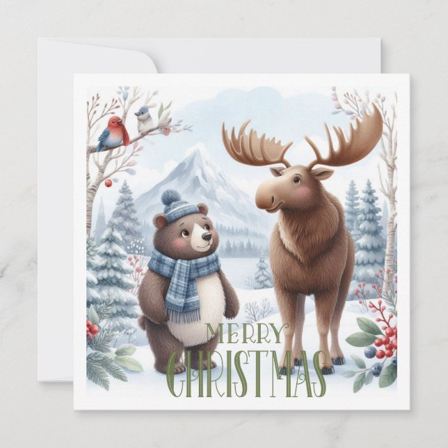 Cartão De Festividades Urso, veado e pássaros na natureza (Frente)