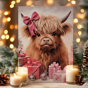 Cartão De Festividades Vaca das Terras Altas com Arco Rosa Natal