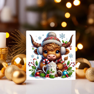 Cartão De Festividades Vaca das Terras Altas com Cacau Quente
