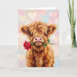Cartão De Festividades Vaca das Terras Altas com Rosa - Animal Fofo do Di