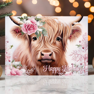 Cartão De Festividades Vaca das Terras Altas de Natal com Rosas Feliz Nat