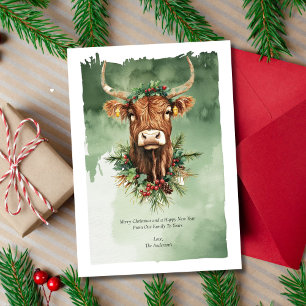 Cartão De Festividades Vaca das Terras Altas Engraçado Natal Aquarela Fof