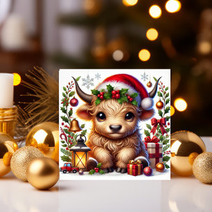 Cartão De Festividades Vaca das Terras Altas Festivas de chapéu de Papai 