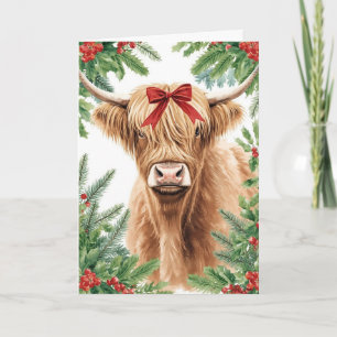 Cartão De Festividades Vaca das Terras Altas Laço Vermelho Natal