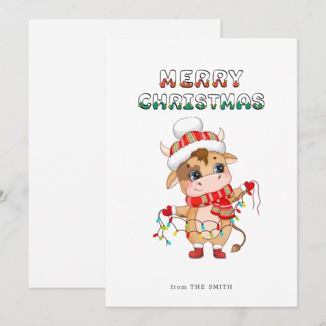 Cartão De Festividades Vaca de Natal bonita vestindo roupa de inverno (Frente/Verso)