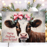 Cartão De Festividades Vaca Festiva Feliz Natal Do Pão<br><div class="desc">Adicione um toque de reluz aos seus cartões de natal com este charmoso cartão de Natal com uma vaca doce adornada com um arco rosa festivo e sagrado. A mensagem brincalhona "Feliz Natal do Herd!" traz certamente um sorriso à cara de alguém. Esta carta única é perfeita para amantes de...</div>