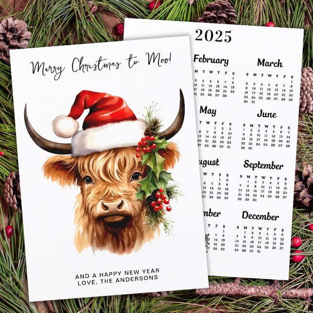 Cartão De Festividades Vaca Highland 2025 Calendar Festivo Feliz Natal (Criador carregado)