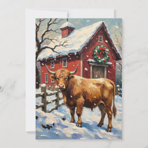 Cartão De Festividades Vaca Highland Vintage no Celeiro de Natal Nevado