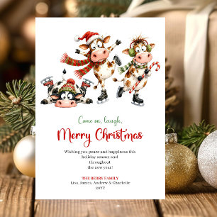 Cartão De Festividades Vacas caprichosas únicas Cartoon Saudação de Natal