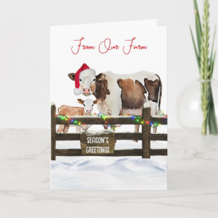 Cartão De Festividades Vacas de Natal em Aquarela Com Chapéu de Papai Noe