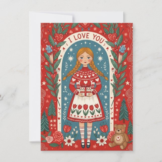Cartão De Festividades Valentine Card Illustration Of A Girl  (Frente)