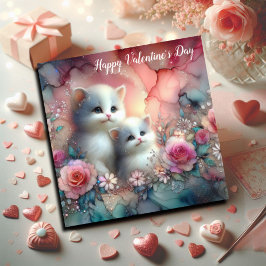 Cartão De Festividades Valentine Floral Aquarela Gatos Caprichosos 