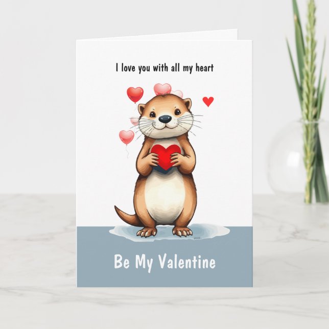 Cartão De Festividades Valentine Love Fun Otter Animal Love Heart (Frente)