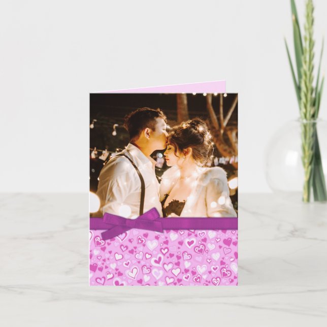 Cartão De Festividades Valentine photo purple & pink hearts card (Frente)
