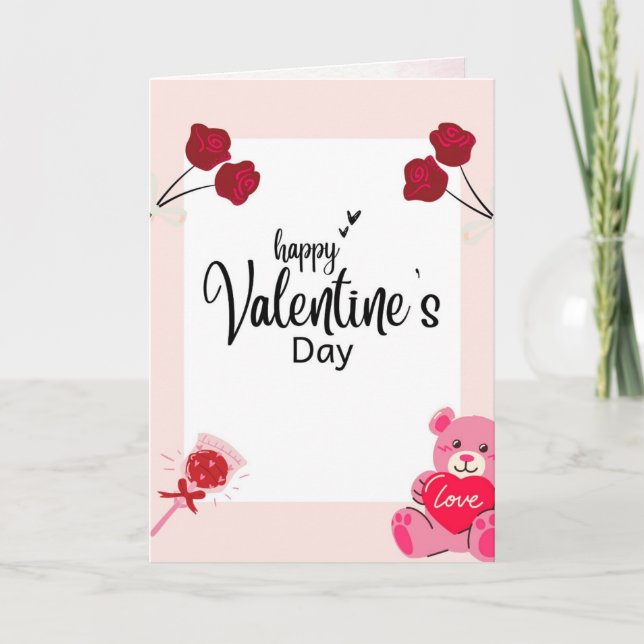 Cartão De Festividades Valentine’s Day Card with Red Roses & Teddy Bear (Frente)