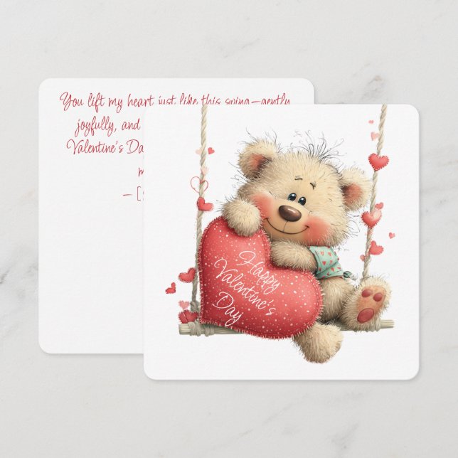 Cartão De Festividades Valentine Teddy Bear on Swing with Heart  (Frente/Verso)