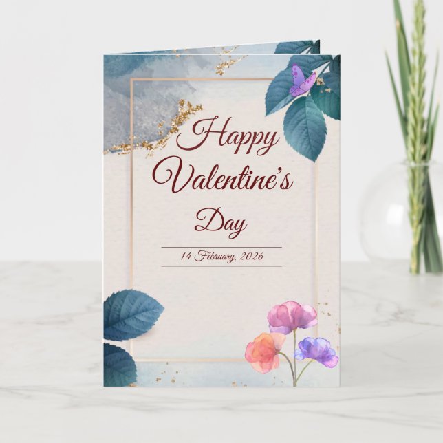 Cartão De Festividades Valentine's Day Card with Butterflies and Flowers (Frente)