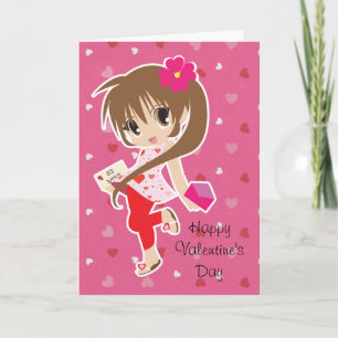Cartão De Festividades Valentine's Day Cute Pink Chibi Girl with Hearts
