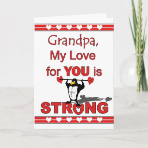 Cartão De Festividades Valentine's Day for Grandpa, Penguin & Weights