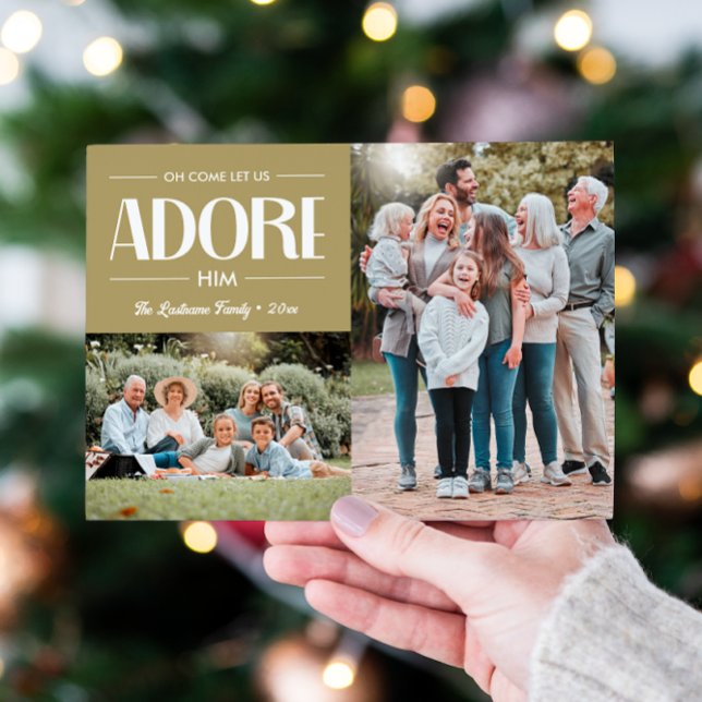 Cartão De Festividades Vamos Adorá-Lo, TAN Christian 2 Foto (TAN BEIGE 2 PHOTO TEMPLATE CHRISTIAN RELIGIOUS HIOLIDAY GREETINGS CHRISTMAS FAMILY PORTRAIT)