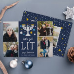 Cartão De Festividades Vamos Sair | Colagem de Fotos Engraçado Hanukkah<br><div class="desc">Hora de acender... a menorah, é isso! Engraçado cartão com fotos Hanukkah apresenta "vamos acende-se" debaixo de uma ilustração menorah destacada com estrelas azuis e brancas. Adicione quatro de suas fotos favoritas em um layout de colagem, juntamente com seus nomes e uma saudação personalizada de Chanucá. Personalize a parte de...</div>