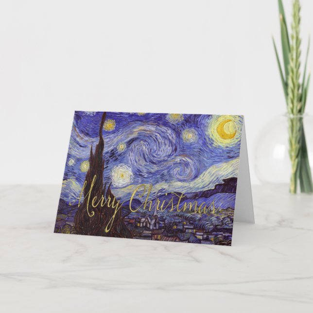 Cartão De Festividades Van Gogh Starry Night Feliz Natal Arte Dourada (Frente)