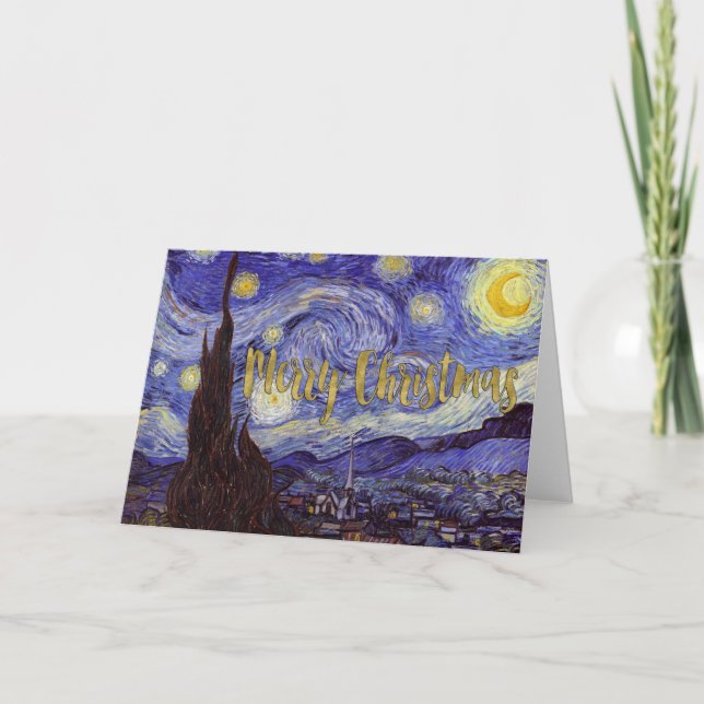 Cartão De Festividades Van Gogh Starry Night Feliz Natal Arte Dourada (Frente)