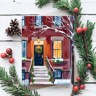 Cartão De Festividades Varanda da Cidade Nevada   Aquarela de Natal de In