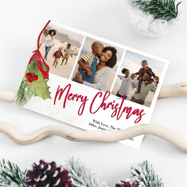 Cartão De Festividades Várias Fotografias de Natal Holly (Merry Christmas holiday photo card with a calligraphy script and Holly Greenery design. )