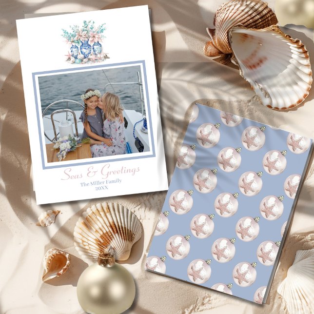 Cartão De Festividades Vases de Chinoiserie com Eucalyptus e Poinsettias (Chinoiserie Vases with Eucalyptus & Poinsettias Holiday Card- front and back)