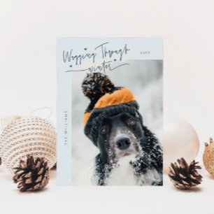 Cartão De Festividades Vassoura Através do Cão de inverno Foto Azul