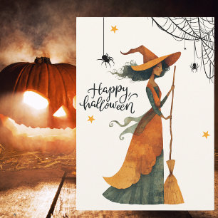 Cartão De Festividades Vassoura de Bruxa Vintage Aranha Gótico Halloween