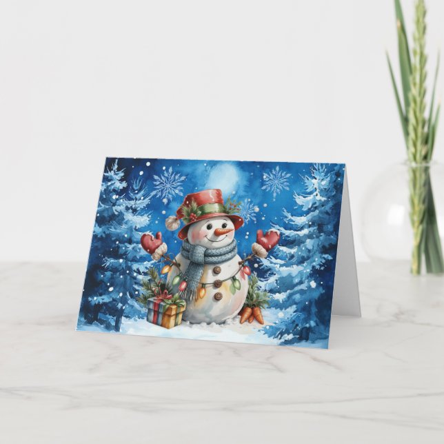 Cartão De Festividades Vazio Clássico Blue Watercolor Snowman (Frente)