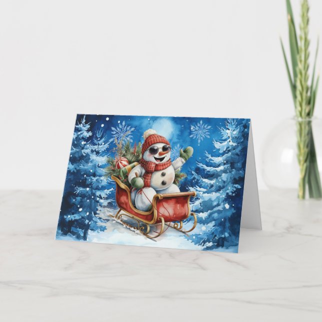 Cartão De Festividades Vazio Clássico Blue Watercolor Snowman (Frente)