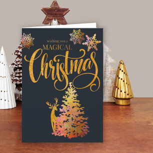 Cartão De Festividades Veado e Árvore de Natal em Ouro Mágico de Natal