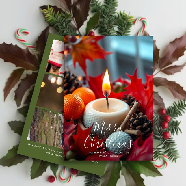 Cartão De Festividades Vela de Natal de Golf ・ Três Fotos Verdes (Criador carregado)