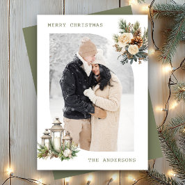 Cartão De Festividades Vela Floral de Inverno Lanterna Foto Feliz Natal