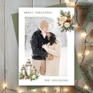 Cartão De Festividades Vela Floral de Inverno Lanterna Foto Feliz Natal