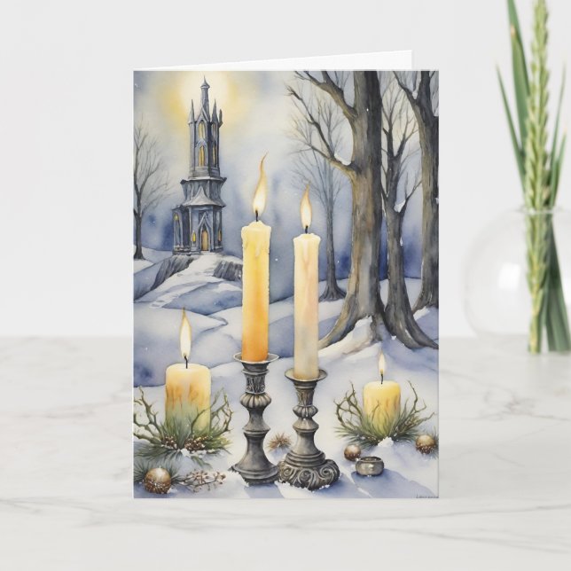 Cartão De Festividades Velas Amarelas do Wiccan na Floresta de Neve (Frente)