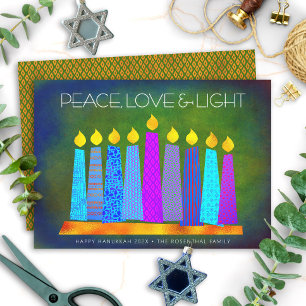 Cartão De Festividades Velas Boho Chic Hanukkah Paz Amor Luz Verde