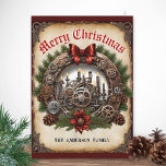 Cartão De Festividades Velas de Fita Vermelha Vestidas de Fita Steampunk<br><div class="desc">Prepare-se para os feriados no estilo industrial elegante com este cartão de Natal Steampunk. A design combina elementos festivos tradicionais e nostalgia com engrenagens e engrenagens intricadas do tempo vitoriano industrial. A coroa verde clássica é decorada com pinecones, fita vermelha e flor de poinsettia - assim como uma camada de...</div>