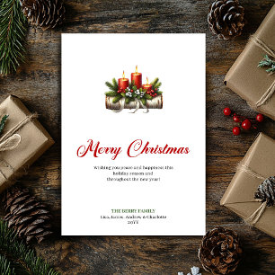Cartão De Festividades Velas de Natal elegantes com saudações de azevinho