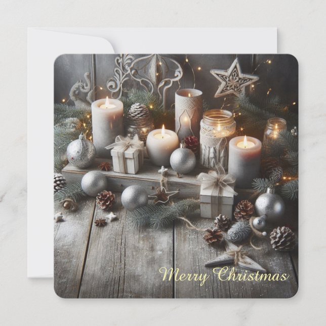 Cartão De Festividades Velas de Natal Grey Chic (Frente)