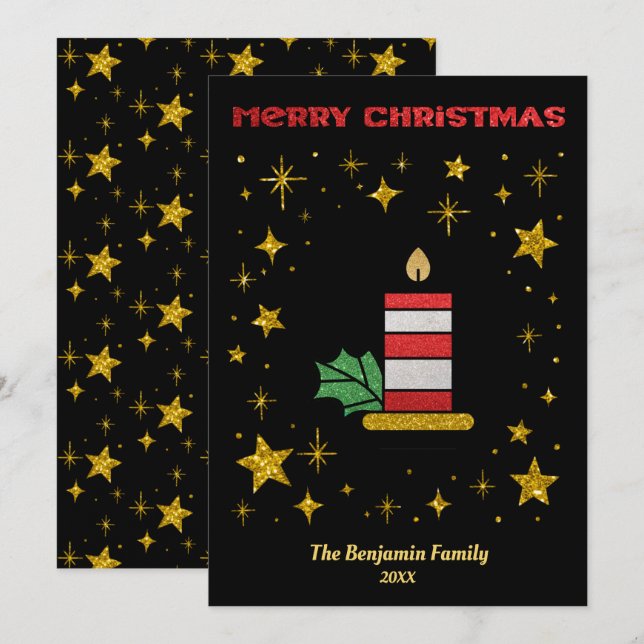 Cartão De Festividades Velas de Natal Merry Stars Glitter Elegante (Frente/Verso)