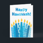 Cartão De Festividades Velas Funky felizes de Hanukkah Menorah<br><div class="desc">Uma variedade funky de velas azuis do menorah queima-se brilhantemente,  adicionando a faísca e o brilho à estação.  Um divertimento e um design atraente!  O selo postal de harmonização está disponível em minha loja.  Cortiça da moeda de um centavo do © da imagem e do verso.</div>