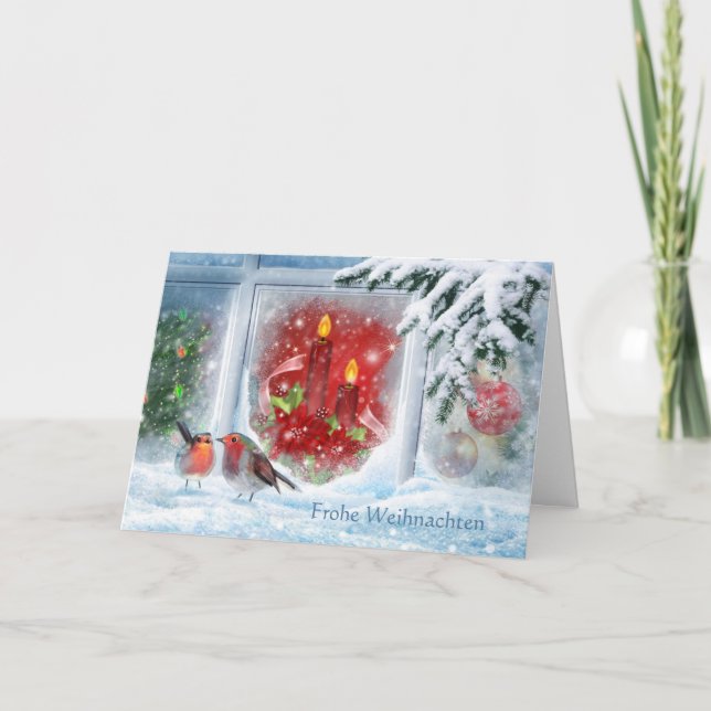 Cartão De Festividades Velas, poinsetos, robins e Natal Alemão (Frente)