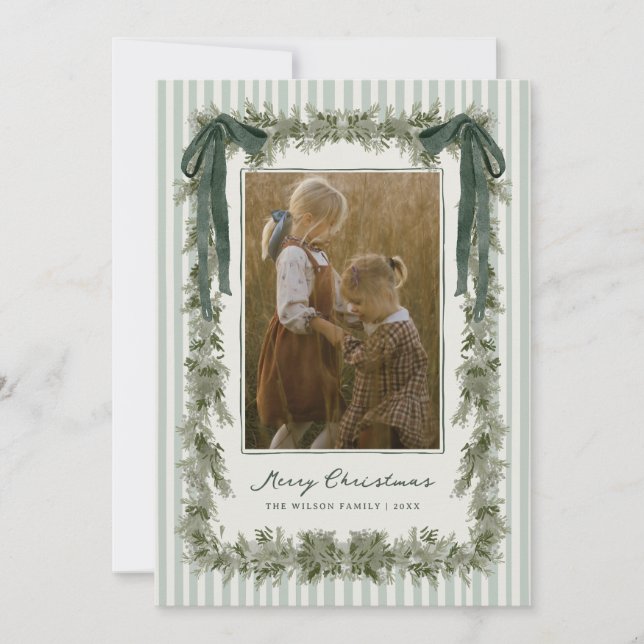 Cartão De Festividades Velvet Bow and Stripes Christmas Photo Card Green (Frente)