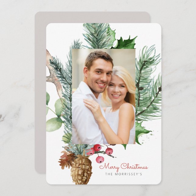 Cartão De Festividades Verde Botânico de inverno 2 Foto plana (Frente/Verso)