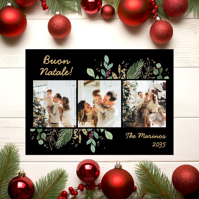 Cartão De Festividades Verde Botânico Moderno Foto Buon Natale (Criador carregado)